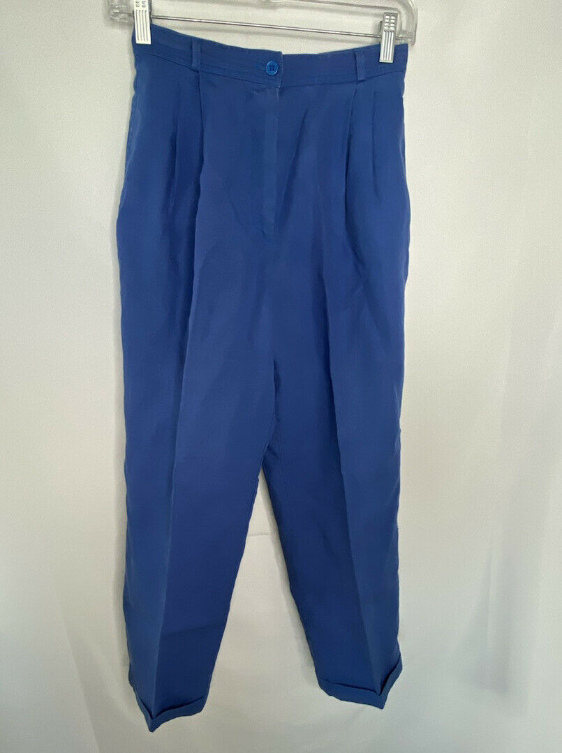 Vintage Valentino Cobalt Blue Linen Pleated Front Straight Leg Pants Size 42 /8