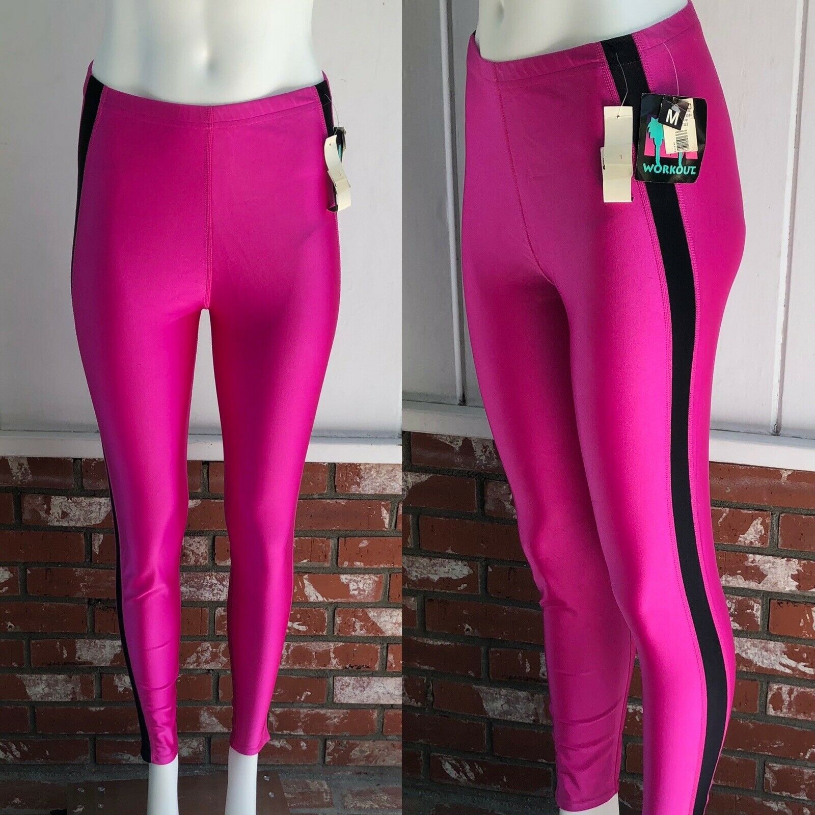 Vtg 80s La Workout Neon Hot Pink Black Stripe Shiny Spandex Leggings W/ Tag M