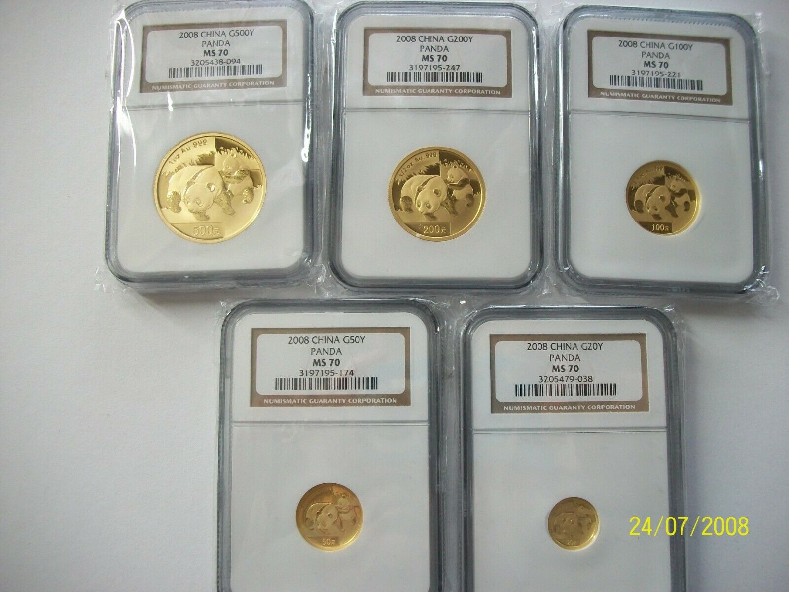 2008 China Pure Gold Panda 5 Coins Complete Set Perfect Ngc Ms 70 Rare